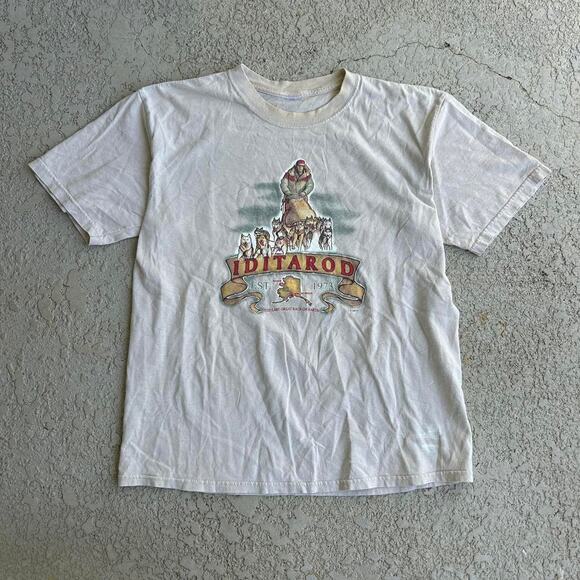 Vintage 90s Historic Iditarod Alaskan Sled Dog Race Cream Tee. Sz L - Picture 1 of 4